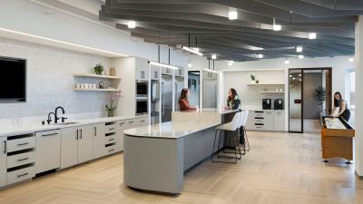 Modern office caf&eacute; with a large island, full kitchen, bar seating, game area, and employees gathering, socializing, and playing shuffleboard.