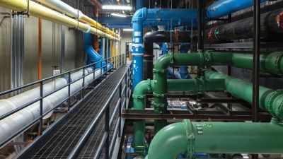 Interior mechanical room with a grated service walkway surrounded by large color-coded pipes, valves, and utility infrastructure, highlighting the complex mechanical systems that support a mission-critical facility.