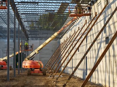 Workers use boom lifts to install structural steel and roof framing inside a large mission-critical facility under construction, with concrete tilt-up walls and temporary wall bracing visible.