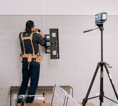 Service technician uses a laser level to install a wall-mounted TV bracket in a finished commercial office, with tools and installation equipment organized nearby.