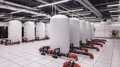 A row of large insulated cylindrical tanks with red valve piping in a data center mechanical room.